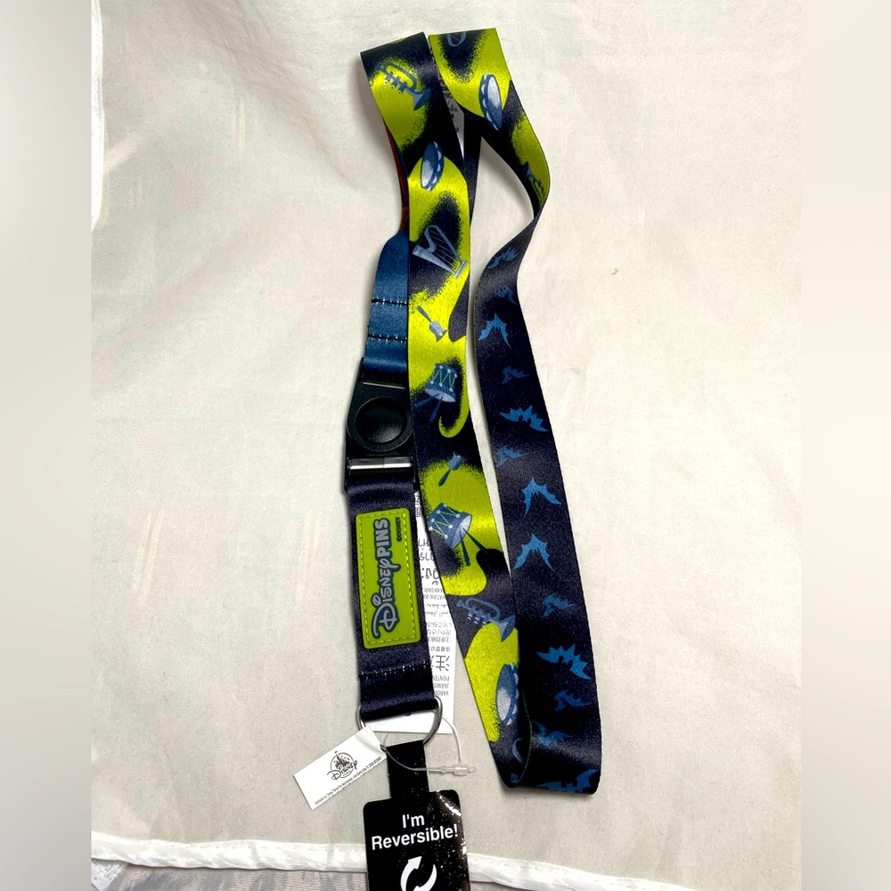 Disney Parks Haunted Mansion Reversible Lanyard Clock Bats Instruments Black NEW